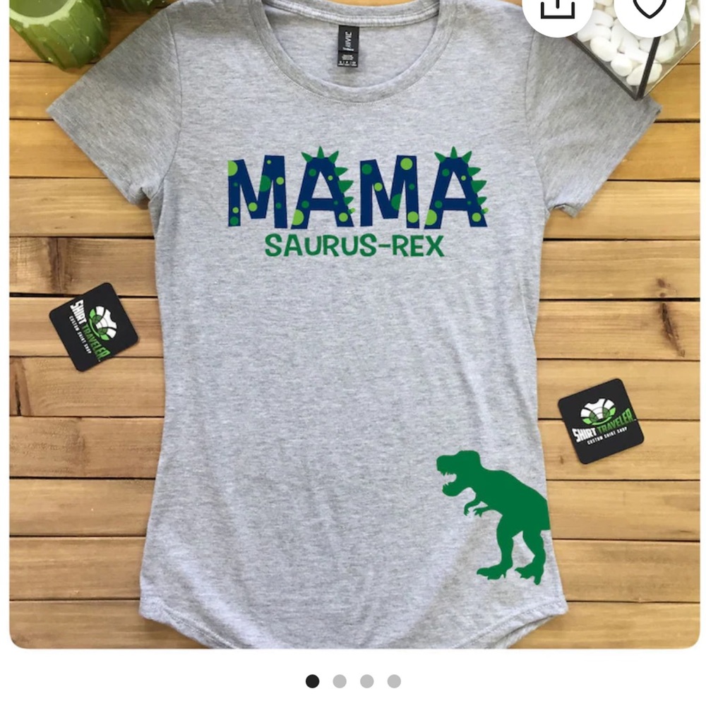 Mama Saurus dinosaur shirt, back says “Ezra’s mom” size: ladies fit XL